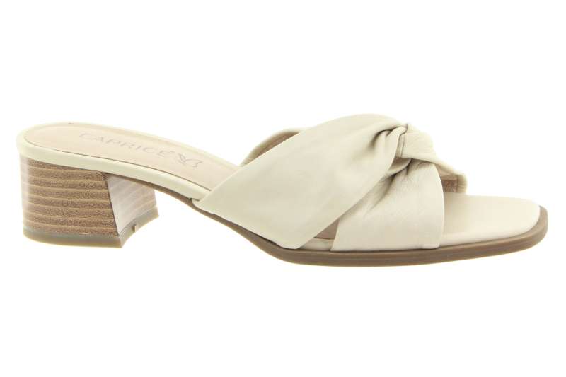 CAPRICE Dámské kožené krémové pantofle na podpatku