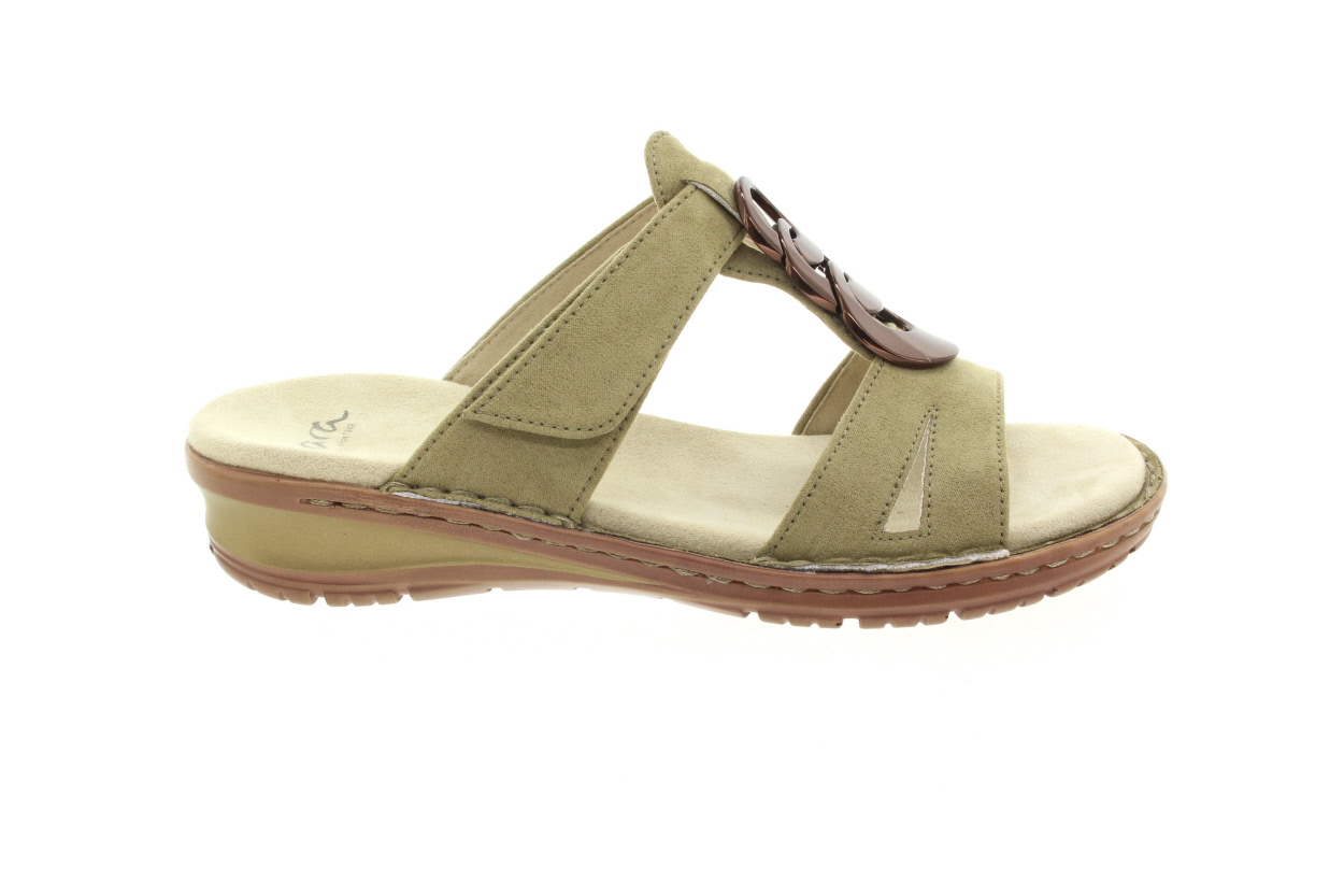 ARA Dámské kožené khaki pantofle s bronzovou sponou