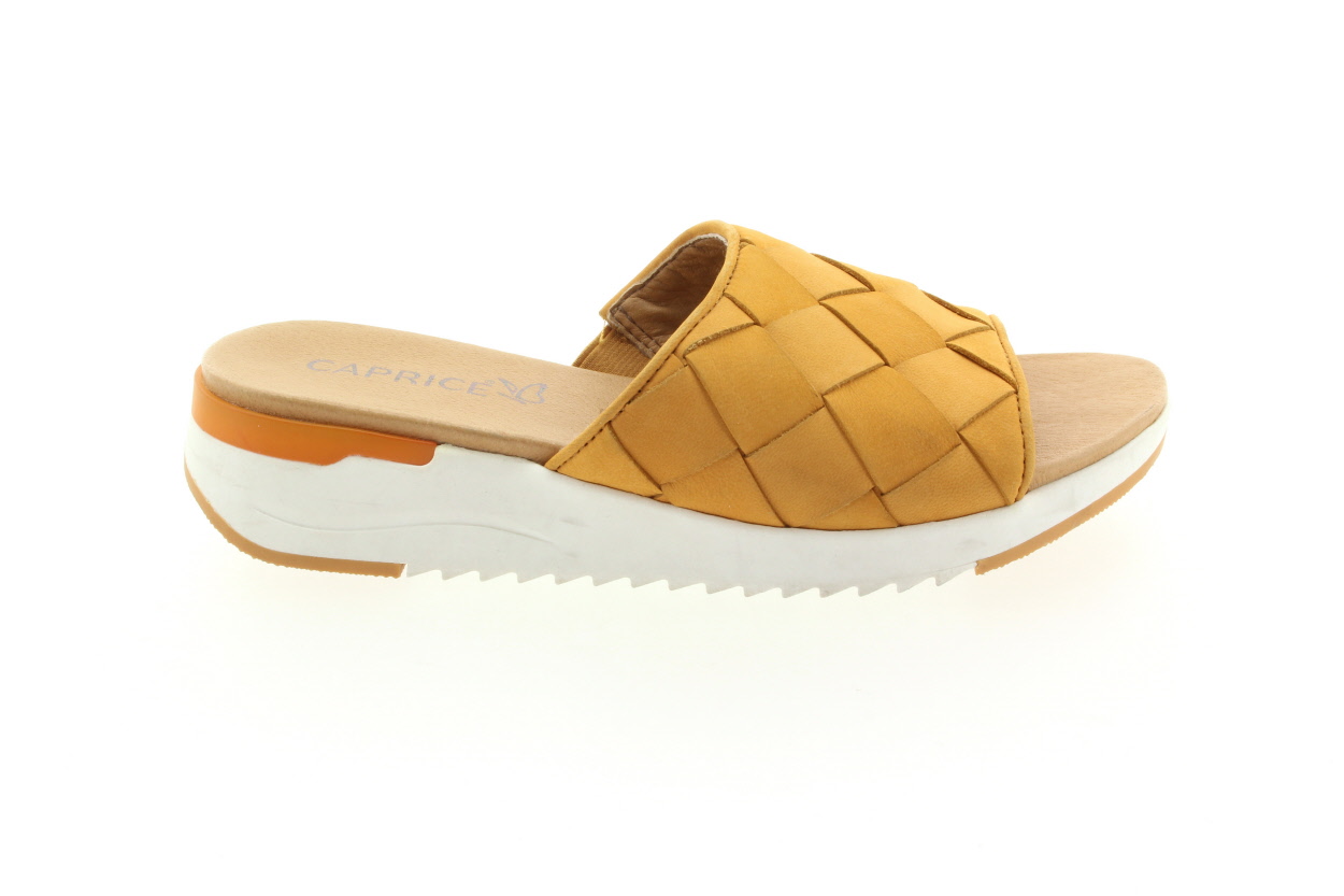CAPRICE Dámské žluté kožené pantofle na klínu