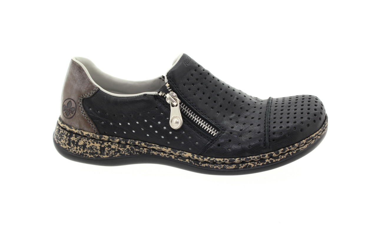 RIEKER Dámské kožené perforované polobotky černé